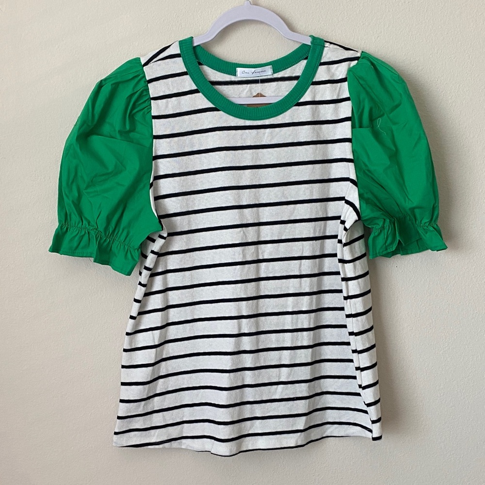 Ces Femme Black and White Striped Tee with Green Sleeves